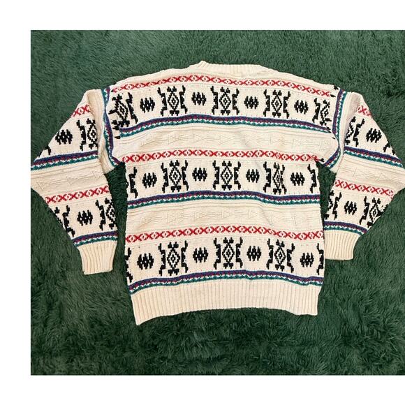 Vintage Peconic Bay Traders Cardigan Mens Large Creme Aztec Design Knit - Picture 2 of 5